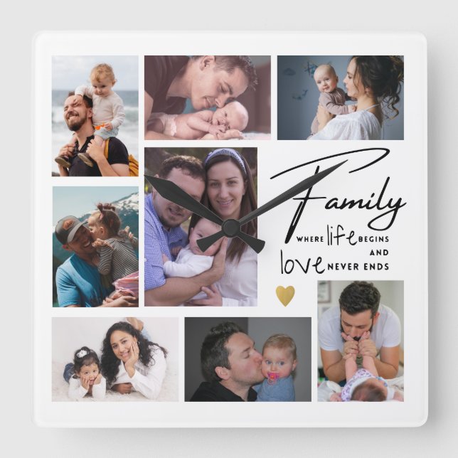 Modern 8 Photo Collage Family Quote Black & White Fyrkantig Klocka (Framsida)