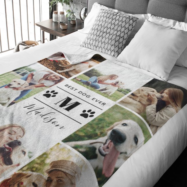 Modern 8 Photo Collage Hund Tass Fleecefilt (Capture precious pet moments with our Modern Pet Photo Collage Fleece Blanket. )