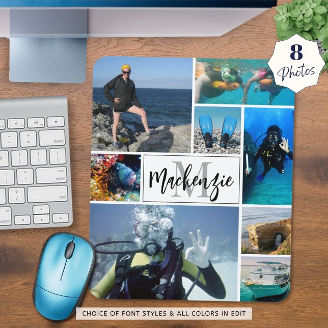 Modern 8 Photo Collage Monogram Namn Anpassningsba Musmatta (Skapare uppladdad)