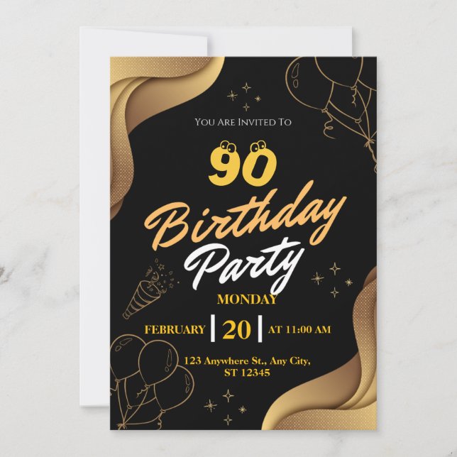 Modern 90:e födelsedag i Black och Guld Inbjudningar (Framsida)