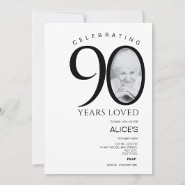 Modern 90:e födelsedag med foto-nummer, minimalt inbjudningar