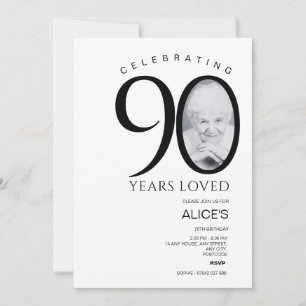 Modern 90:e födelsedag med foto-nummer, minimalt inbjudningar