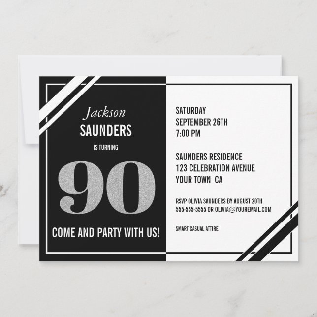 Modern 90:e födelsedag Svarta och vita Party Inbjudningar (Framsida)
