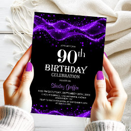 Modern 90:e Födelsedagsfest för svart och Lila Inbjudningar