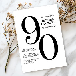 Modern 90:e Födelsedagsfest i svartvitt Inbjudningar