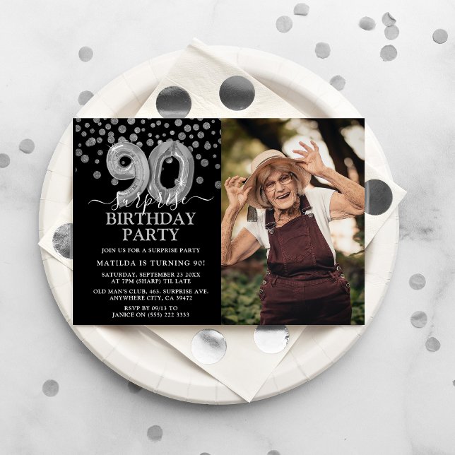 Modern 90:e överraskningsfoto för Black & Silver Inbjudningar (Skapare uppladdad)