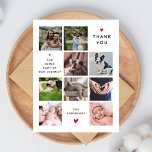 Modern 9 Photo Collage Nyfödd bebis Family Tack Kort<br><div class="desc">Skicka ditt anpassningsbar-tack till din familj och dina vänner och visa dina favoritstunder från i år! Detta moderna minimalistiska vykort för multifotokollage har en kollage av nio kvadratfoton. Mellan i eleganten och det moderna typsnittet står "tack", "för att du är en del av vår resa" och din familj namn med...</div>