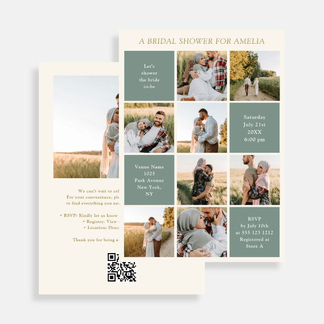 Modern 9 Photo Collage Sage Green Bridal Shower Inbjudningar (Skapare uppladdad)
