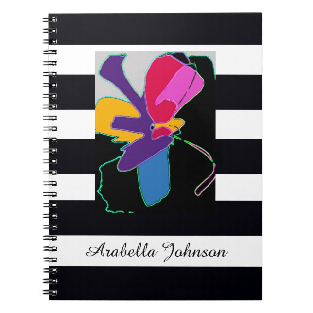  Modern Abstract Art + Custom Name Chic B&W Stripe Anteckningsbok (Framsidan)