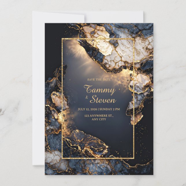 Modern Abstract Dark Navy Gilded Geode Wedding Inbjudningar (Framsida)