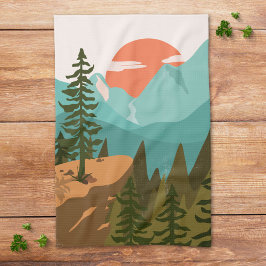 Modern Abstract Forest, Mountains, and Sunrise Kökshandduk