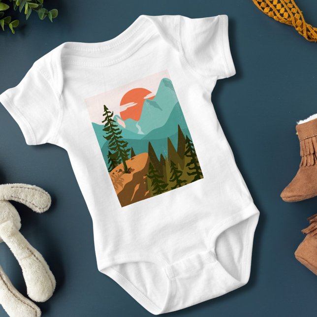 Modern Abstract Forest, Mountains, and Sunrise T Shirt (Close up)
