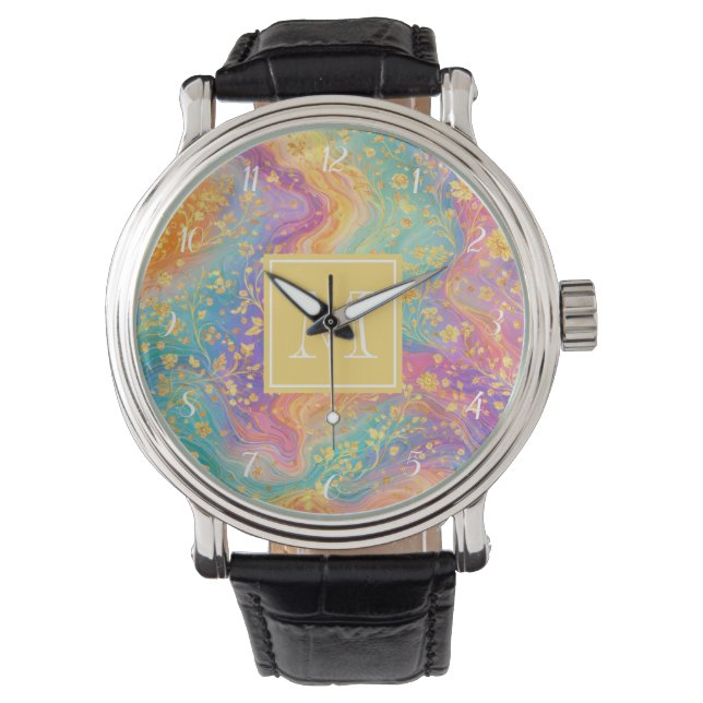 Modern Abstract Glitter Floral Monogram Design     Armbandsur (Framsida)