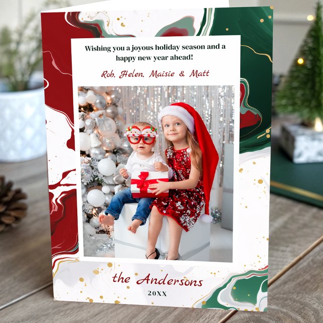 Modern Abstract Green/Red Christmas Photo Helgkort (Skapare uppladdad)