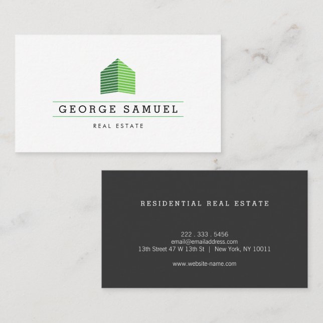 Modern Abstract Home Logo Realtor Green Monogram Visitkort (Fram/baksida)