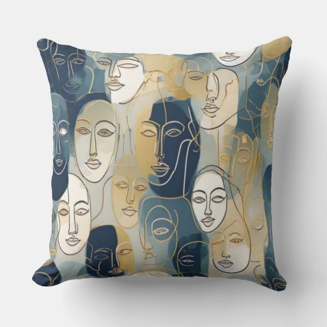 Modern Abstract Line Art Faces Throw Pillow Kudde (Framsida)