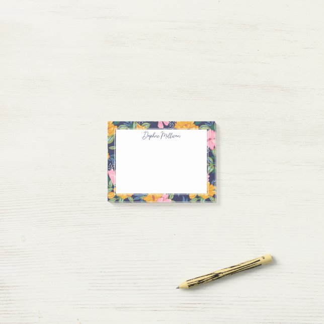 Modern Abstract Pink & Yellow Floral Pattern Name Post-it Block (On Desk)