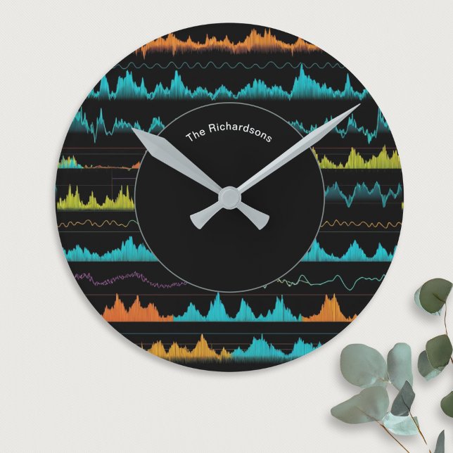Modern Abstract Sound Wave Pattern Personalized Rund Klocka (A stylish personalized wall clock, with a pattern like sound waves in blue, green and orange)