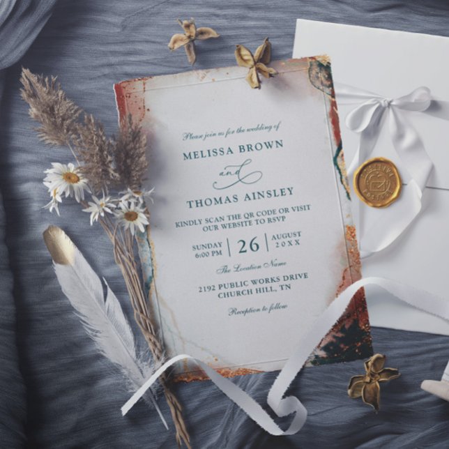 Modern Abstract Teal Foil Budget QR Code Wedding Inbjudningar (Skapare uppladdad)