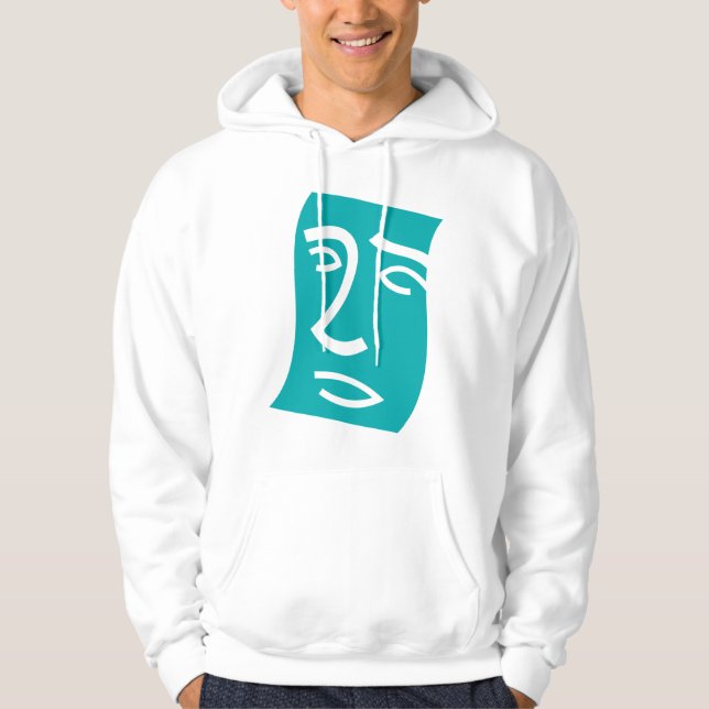 Modern Abstrakt Ansikts Linjekonst Teal Hoodie (Framsida)