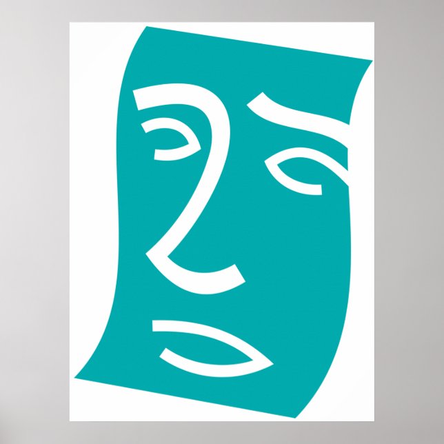 Modern Abstrakt Ansikts Linjekonst Teal Poster (Framsidan)