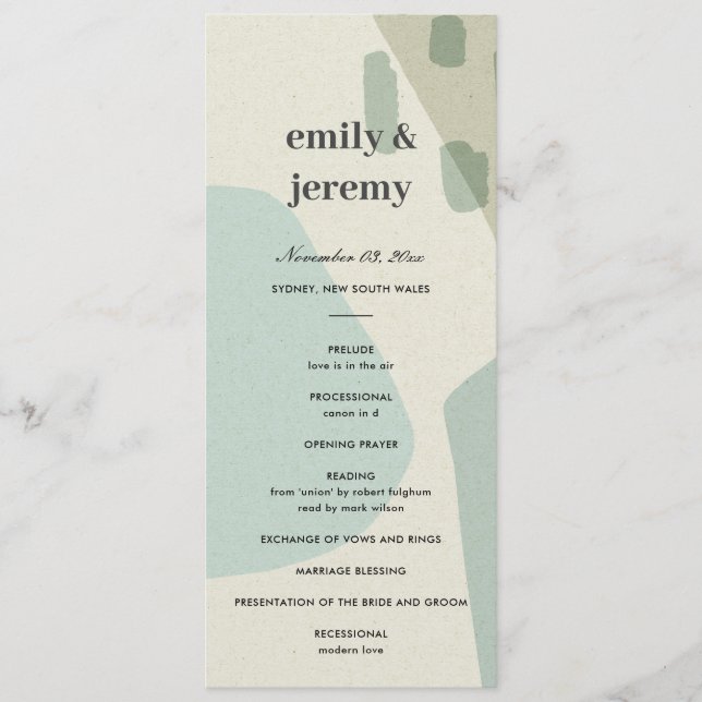 MODERN ABSTRAKT AQUA ART BRÖLLOP CEREMONY PROGRAM (Framsida)