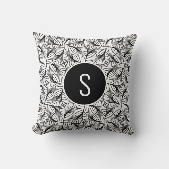 Modern Abstrakt Art Black & White Swirls Monogram Kudde (Framsida)
