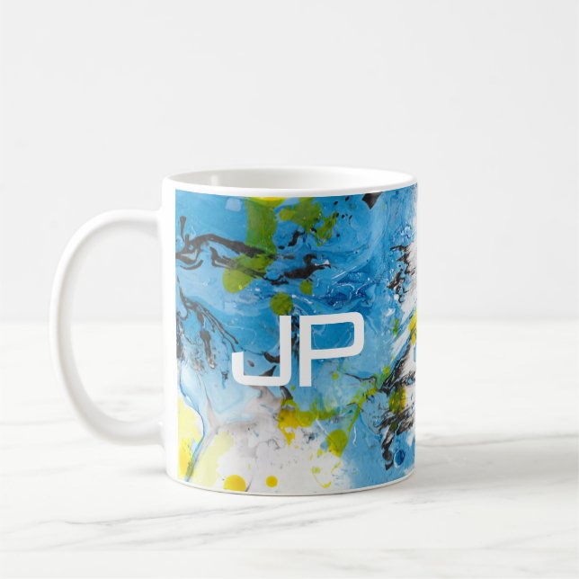 Modern Abstrakt Art Blue Gult White-mall Kaffemugg (Vänster)