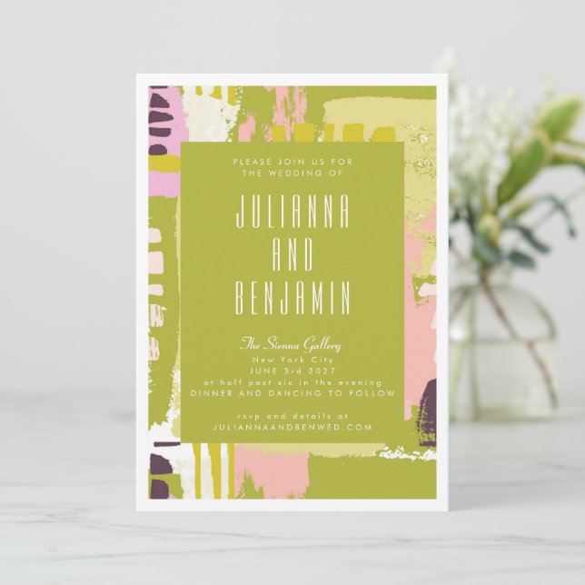 Modern Abstrakt Art Lime Green och Rosa Bröllop Inbjudningar (Stående Fram)