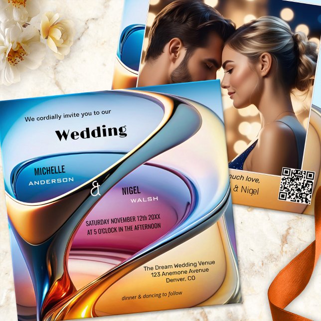 Modern Abstrakt Art Photo Bröllop Inbjudningar (Modern art photo wedding invitation featuring a colorful flow abstract design - with QR code)