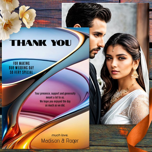 Modern Abstrakt Art Photo Bröllop Tack Kort (A colorful modern abstract art wedding Thank You card with on the back your custom photo)