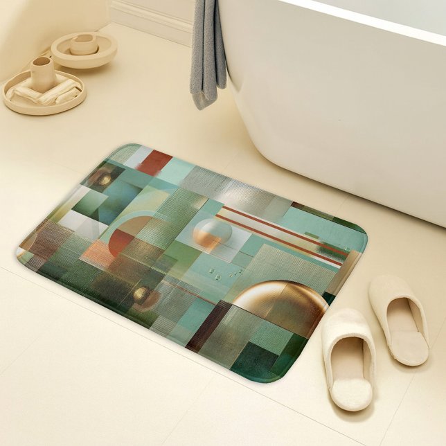 Modern Abstrakt Bauhaus Grön Guld Mönster Badrumsmatta (Bath mat featuring a modern abstract design inspired by the Bauhaus style in green and gold)