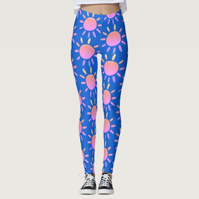 Modern Abstrakt Blå Och Rosa Sol Sommar Mönster Leggings (Framsida)