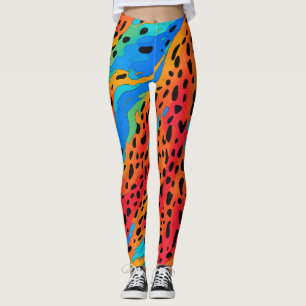 Modern Abstrakt Blå Orange Djurtryck Vild Leggings