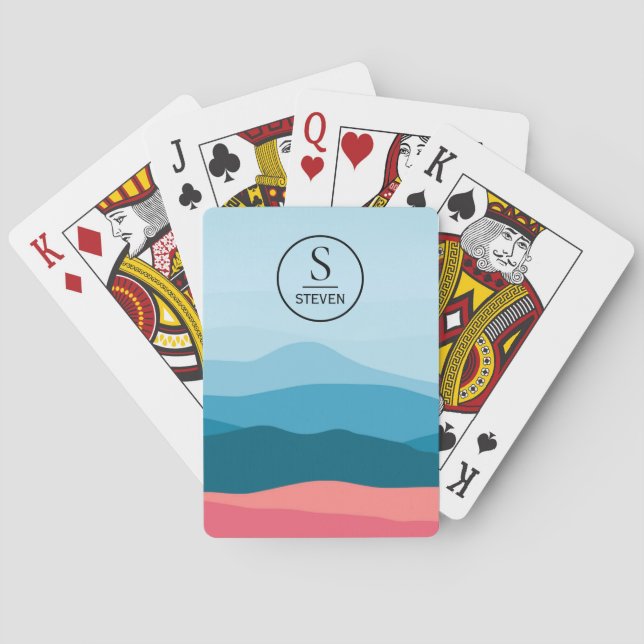 Modern Abstrakt Blå Rosa Bergsmonogram Casinokort (Baksidan)