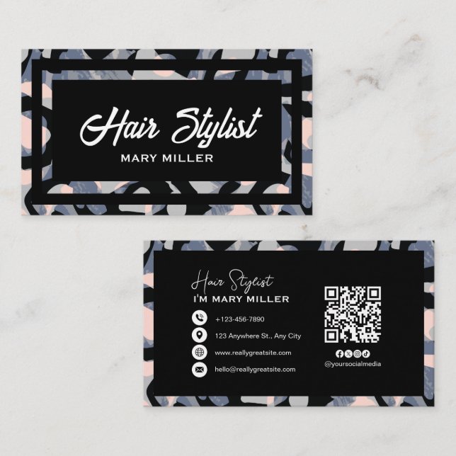 Modern Abstrakt Blå & Rosa Hårstylist QR-kod Visitkort (Fram/baksida)
