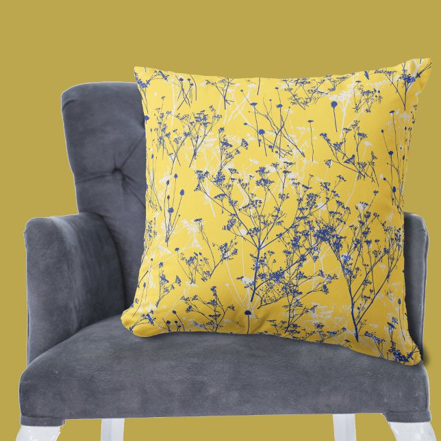 Modern Abstrakt Blåa blommor Mustard Gult Kudde (Skapare uppladdad)