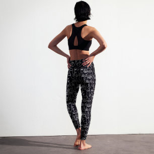 Modern Abstrakt Black and White Line Ansikte Mönst Leggings