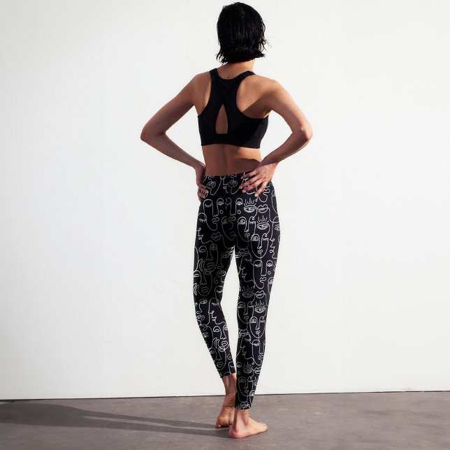 Modern Abstrakt Black and White Line Ansikte Mönst Leggings (Modern abstract black and white line face pattern printed leggings for yoga, fitness & lifestyle.)