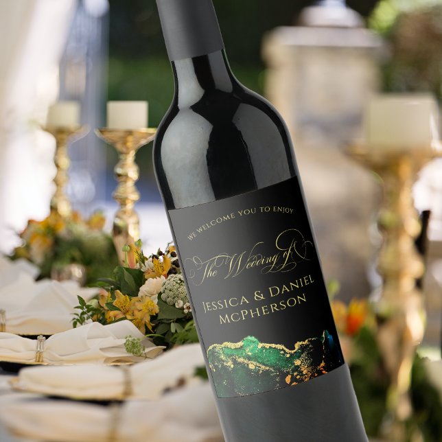 Modern Abstrakt Black Grönt Guld Bröllop Vinflaska Etikett (Modern Abstract Black Green Gold Wedding Wine Label)