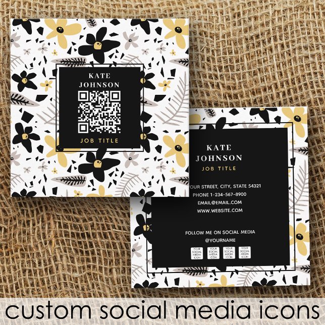Modern Abstrakt Black Gult Grått Blommigt QR-kod Fyrkantigt Visitkort (Modern Abstract Black Yellow Gray Floral QR Code Square Business Card)