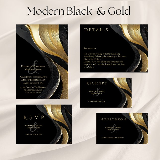 Modern Abstrakt Black och Guld Elegant bröllop Inbjudningar (Modern Black and Gold Abstract Wedding Collection)