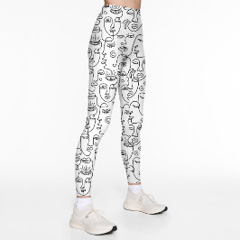 Modern Abstrakt Black White Ansikte Line Mönster Leggings