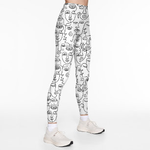 Modern Abstrakt Black White Ansikte Line Mönster Leggings