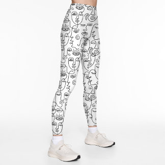 Modern Abstrakt Black White Ansikte Line Mönster Leggings