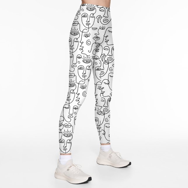 Modern Abstrakt Black White Ansikte Line Mönster Leggings (Modern abstract black and white face line pattern design printed leggings.)