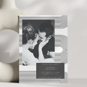 Modern Abstrakt Black White Linjer Photo Bröllop Spara Datumet