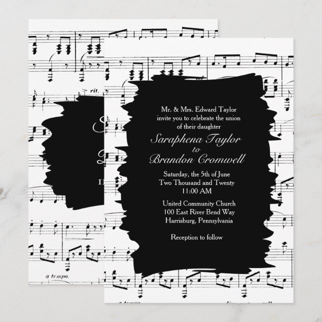 Modern Abstrakt Black White Music Wedding bjudande Inbjudningar (Fram/baksida)
