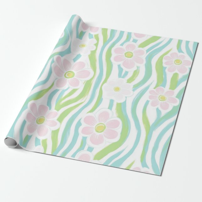 Modern Abstrakt Blommig Linje Mönster (8) Presentpapper (Utrullad)