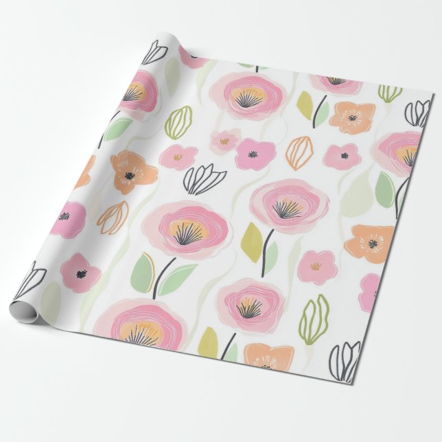 Modern Abstrakt Blommig Linjemönster (2) Presentpapper (Utrullad)